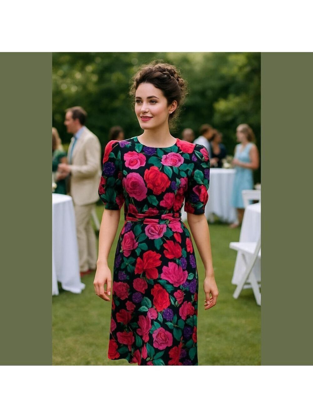 80s NUIT SILK BLK & PINK ROSES PUFFED SLEEVE FIT & FLARE SASHED MIDI DRESS SZ 4